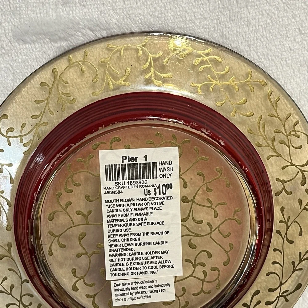 Vtg Pier 1 Rioja Red & Gold Scroll Plate Candle Dish 6